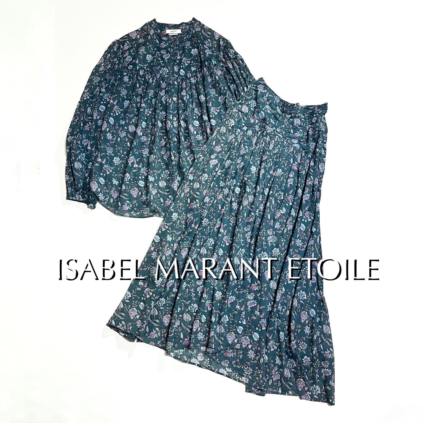 kU110 ISABEL MARANT ETOILE セットアップ フラワープリント バンドカラー スカート 花柄 ギャザー バンドカラー シャツ ブラウス 上下 イザベルマラン