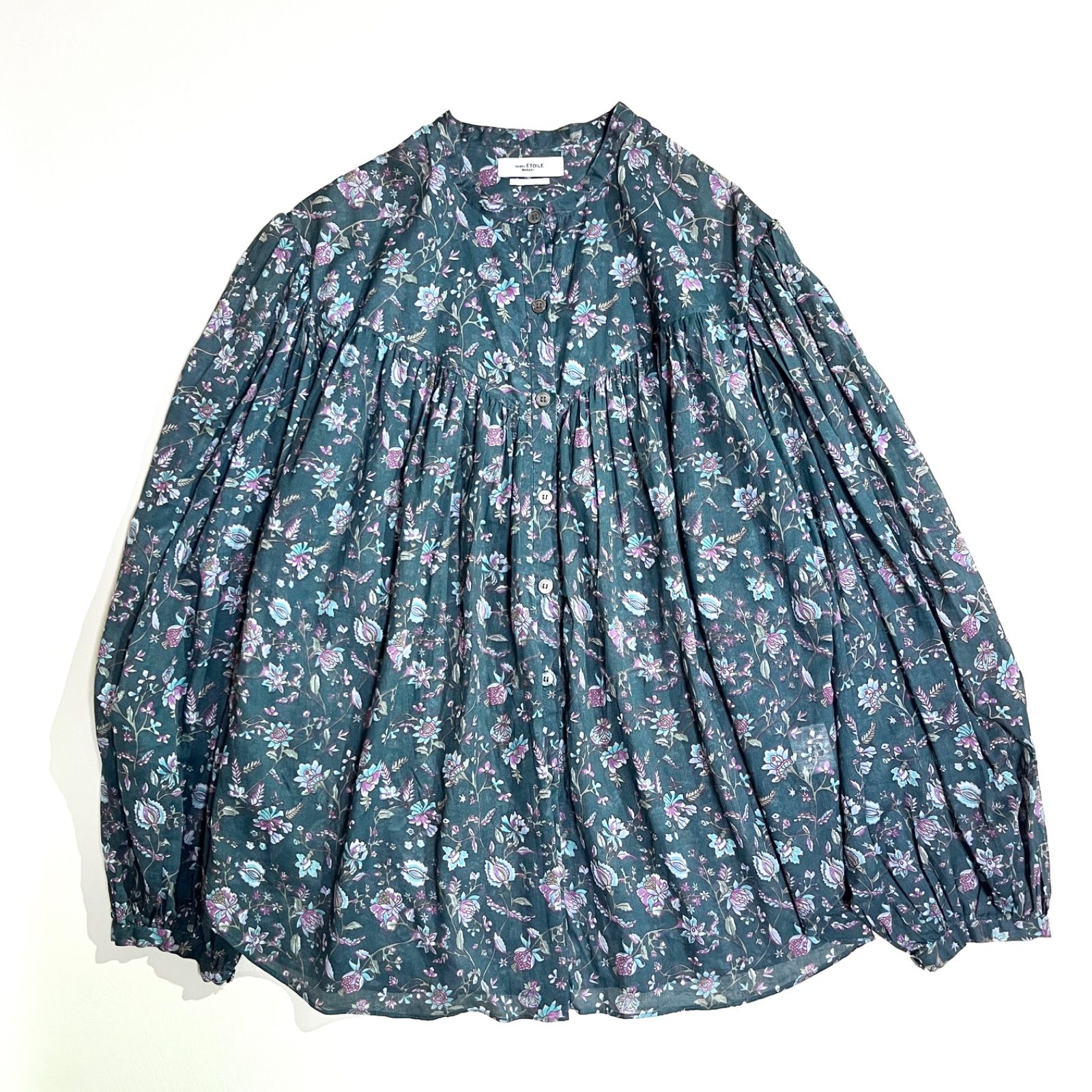 kU110 ISABEL MARANT ETOILE セットアップ フラワープリント バンドカラー スカート 花柄 ギャザー バンドカラー シャツ ブラウス 上下 イザベルマラン