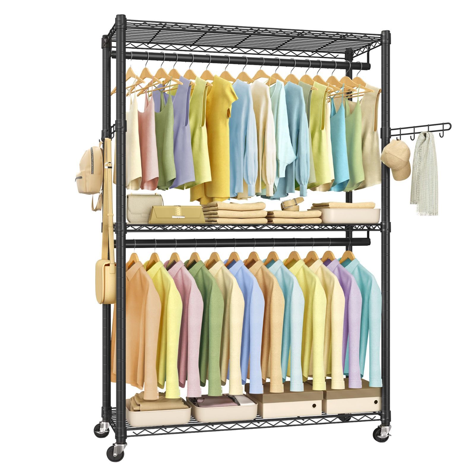 【在庫セール】洋服かけスチールラック ハンガーラック 2段式衣装ラック 幅110cm 幅広い 耐荷重162kg 調整可能な棚とポール 3つ棚有り SONGMICS フック、キャスター付き 簡単組立 ワードローブ ブラック LGR414B01