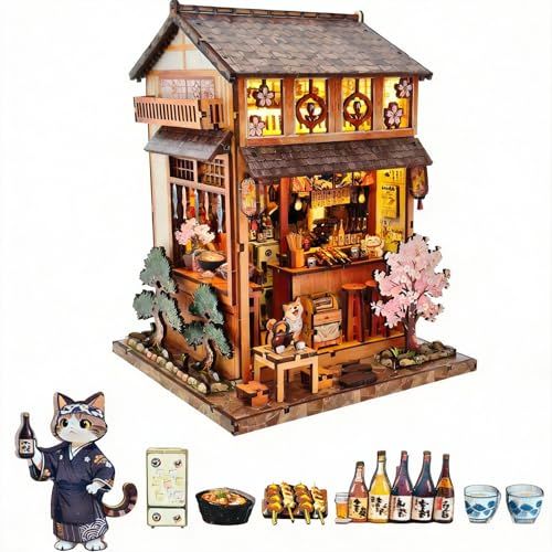 ブックヌック キット 3D 木製パズル 銚子下町焼き鳥屋 ドールハウス キット ミニチュア 【和風 桜限定版】 猫店主フィギュア付き LEDライト DIY 本棚飾り ジオラマ 模型 大人向け プレゼント (銚子下町焼き鳥屋) 国内発送