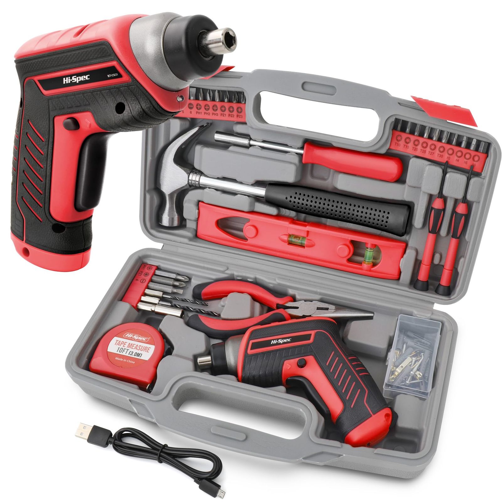 Hi-Spec 35点 工具セット 3.6V 電動ドライバー ドリルセット付き ベーシックツールセット 穴あけ 軽量USB充電式ドライバー 家庭用ツールセット 日曜大工 DIYセット 作業工具セット 家具の組み立て 住まいのメンテナンス用 国内発送