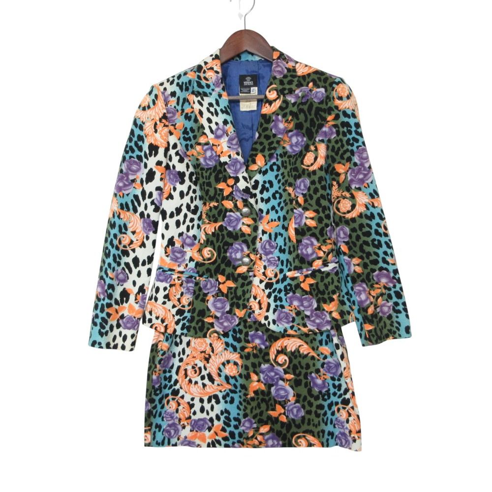 Versace Jeans ヴェルサーチ・ジーンズ スーツ セットアップ フラワー ヒョウ柄 ピークドラペル ジャケット タイトスカート イタリア製 マルチカラー 30/44【L】 レディース 【中古】