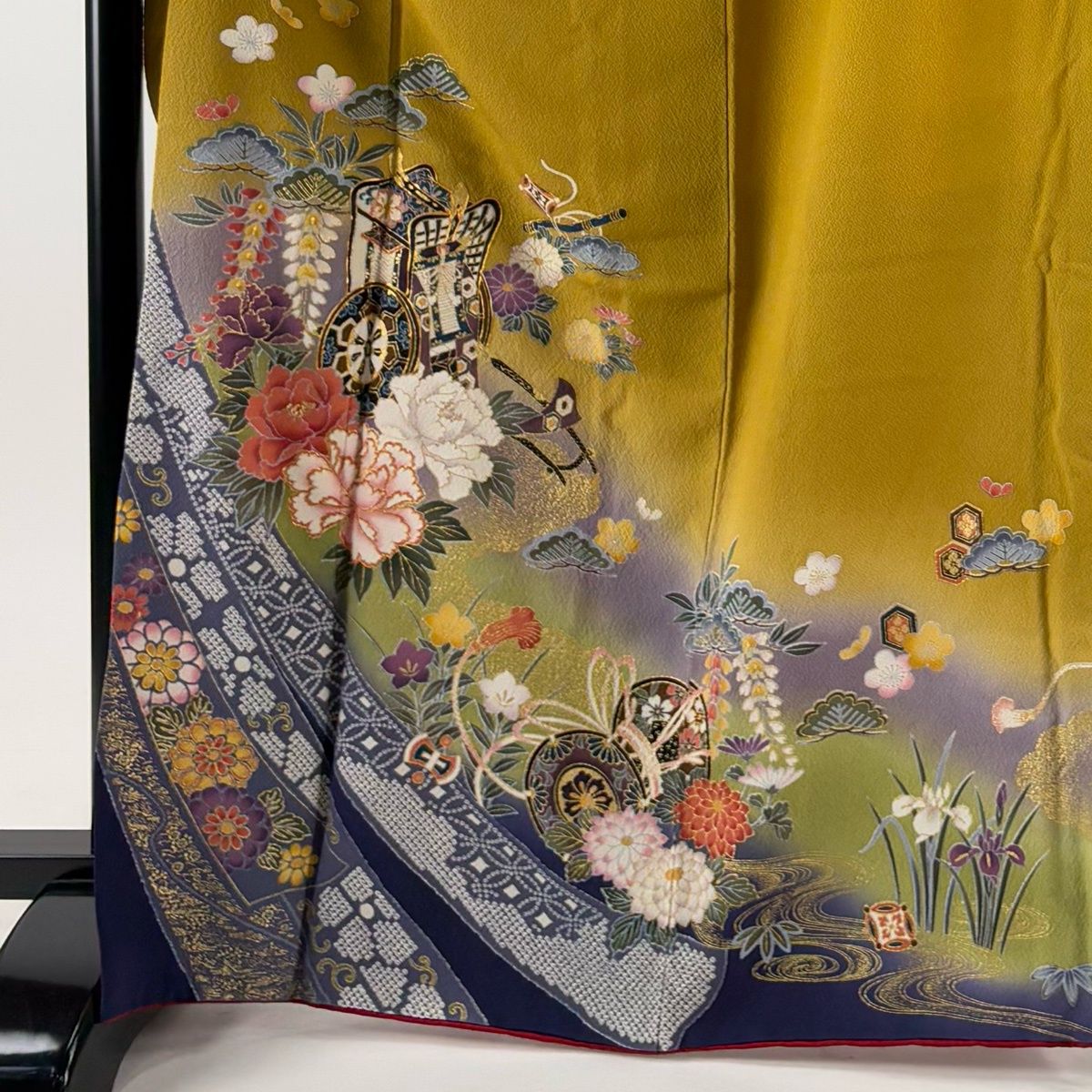 振袖 身丈168cm 裄丈67cm M 袷 御所車 草花 金糸 金彩 山吹茶色 正絹