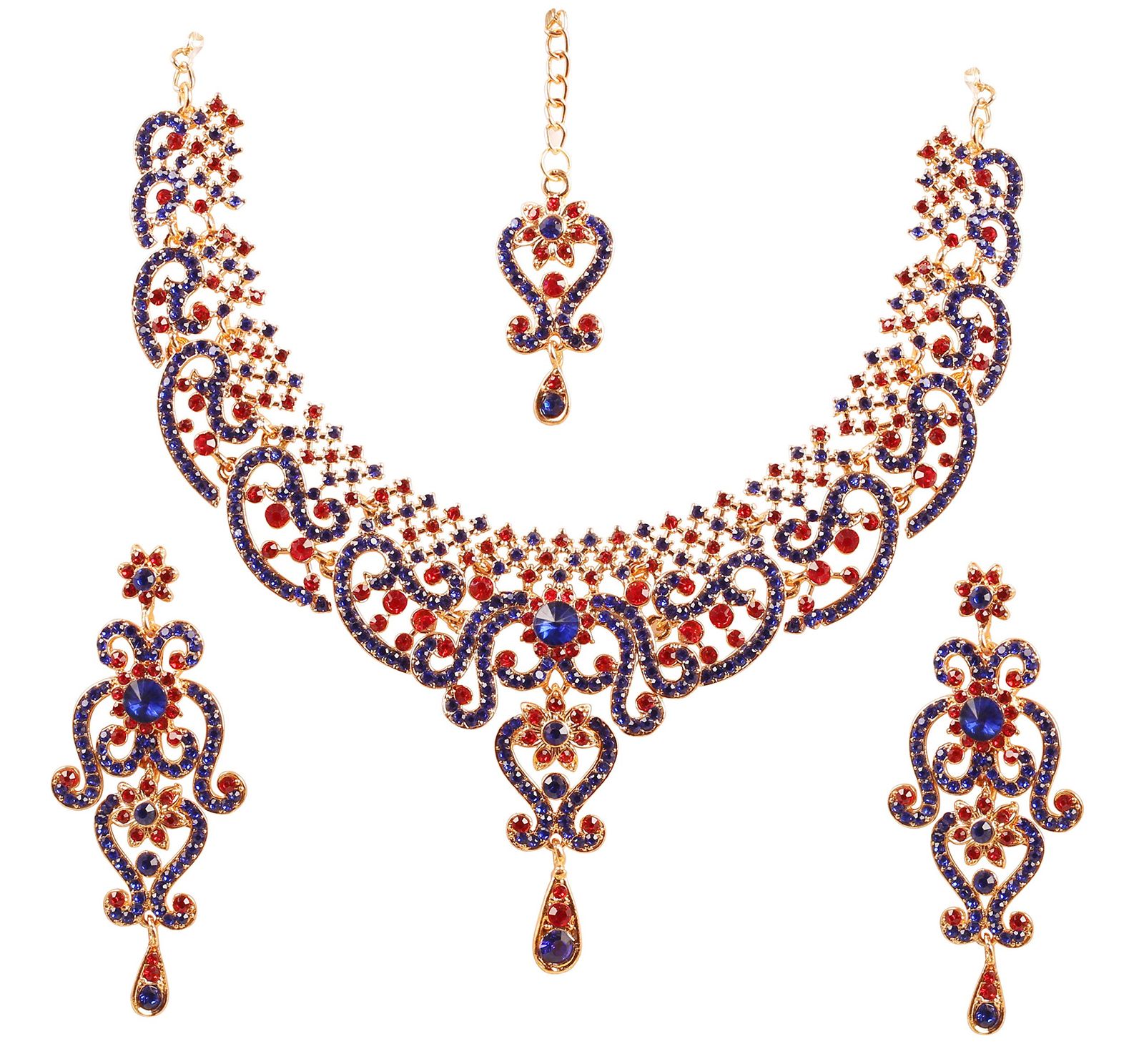 Touchstone Indian Jewelry Set Women's Bollywood Gold Jewelry Wedding Outfit Necklace Set Earrings Bridal Maang Tikka Fancy Costumes Girls Big Digi Accessories Rhinestone Gold or