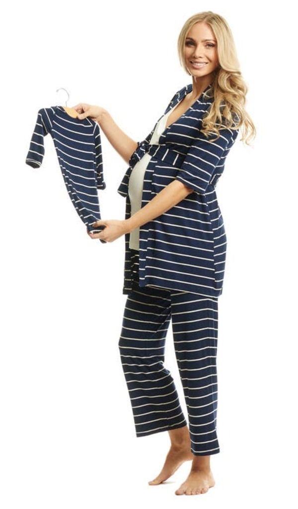 エヴァリーグレー レディース アンダーウェア ナイトウェア マタニティ Everly Grey Analise During After 5Piece MaternityNursing Sleep Set for Mom Baby Navy Stripe ネイ
