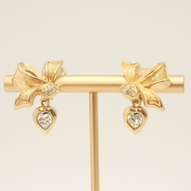 Christian Dior（クリスチャンディオール）ヴィンテージ リボンモチーフ イヤリング ゴールドカラー ハートラインストーン レディース【中古】