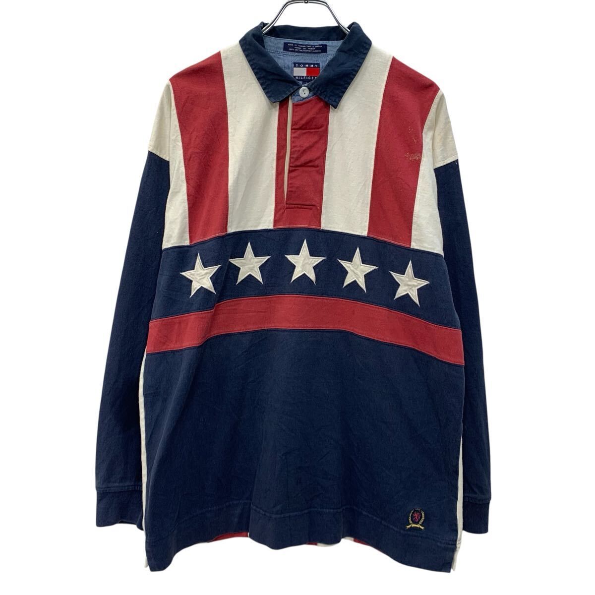 90s 台湾製 TOMMY HILFIGER 長袖 ポロシャツ L ネイビー マルチカラー 