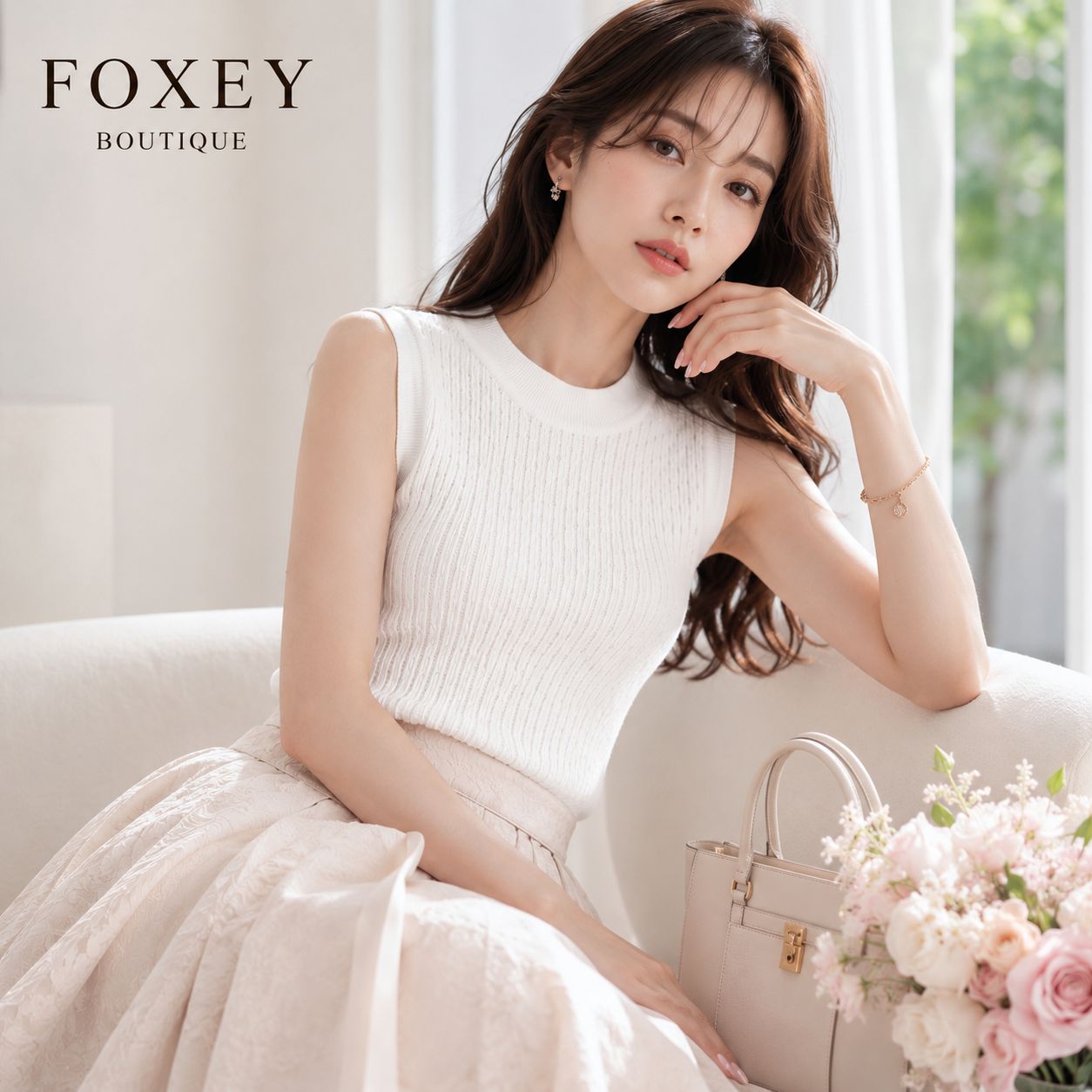 【新品同様】【'24年掲載 商品】　FOXEY BOUTIQUE 44371 / フォクシーブティック ニットトップ ブルック ホワイト38「実寸S〜細身M相当」　インナー ノースリーブ スタイルアップ 女子会 通勤 春夏コーデ