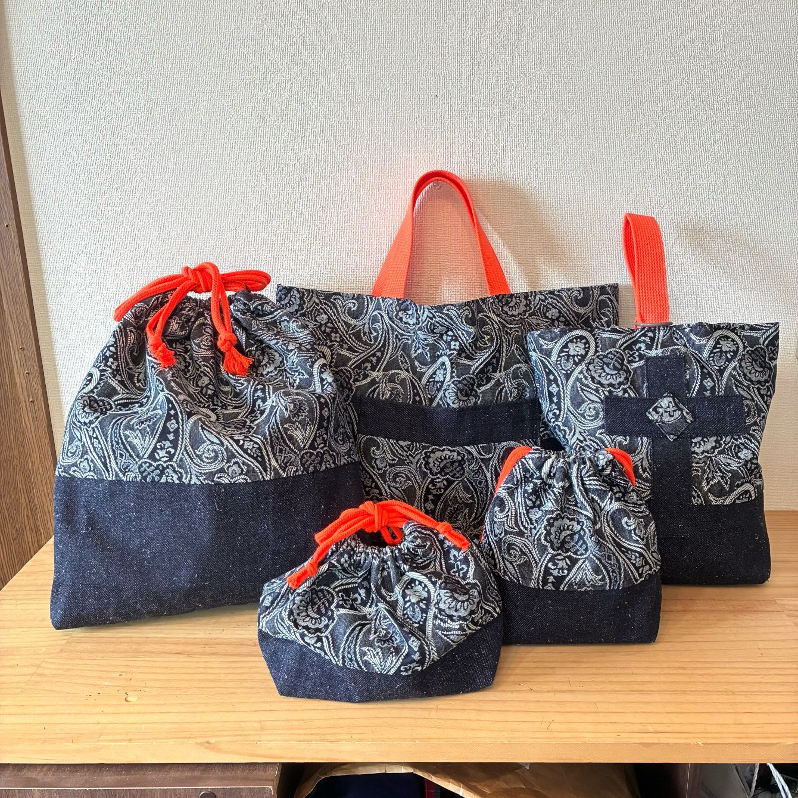 入学入園バッグ5点セット｜再構築古着リメイク ハンドメイド レッスンバッグ・シューズケース・お着替え袋・お弁当袋・コップ袋