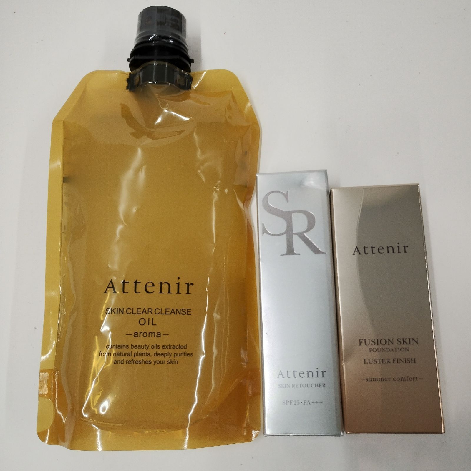 D3753 ATTENIR アテニア スキンクリアクレンズ オイルAe 350ml／スキンレタッチャーｎ 25ｇ／ フュージョンスキンファンデーション ラスターフィニッシュ サマーコンフォート 62 25ｇ 計3点セット