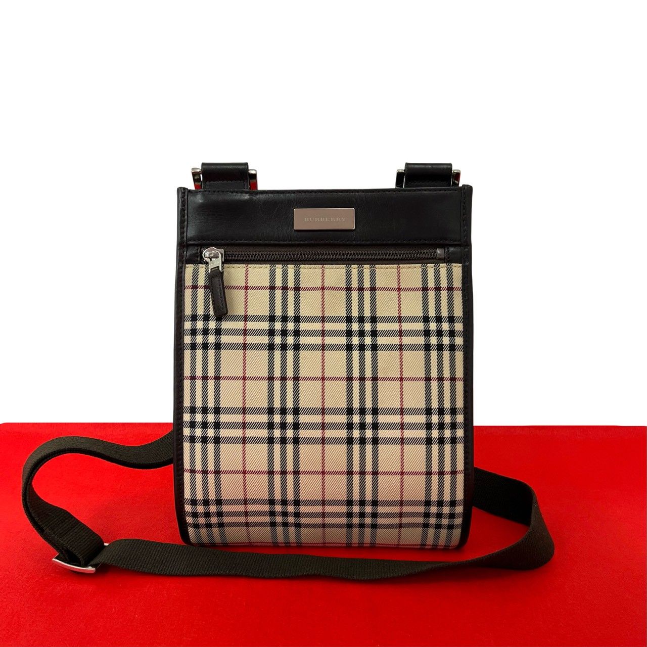 極 美品 BURBERRY バーバリー ノバチェック 柄 キャンバス レザー 本革