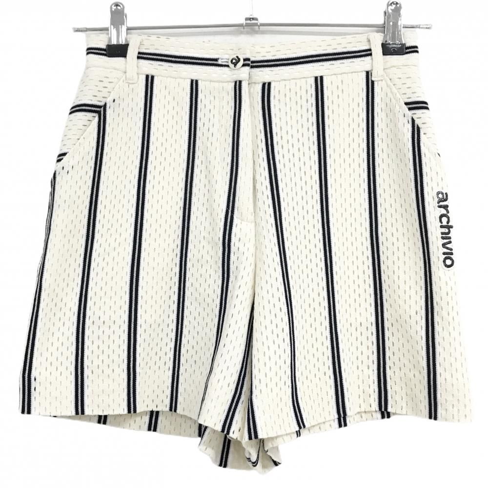 【超美品】アルチビオ ショートパンツ アイボリー×黒 ストライプ メッシュ生地 裏地付 レディース 36(S) ゴルフウェア archivio