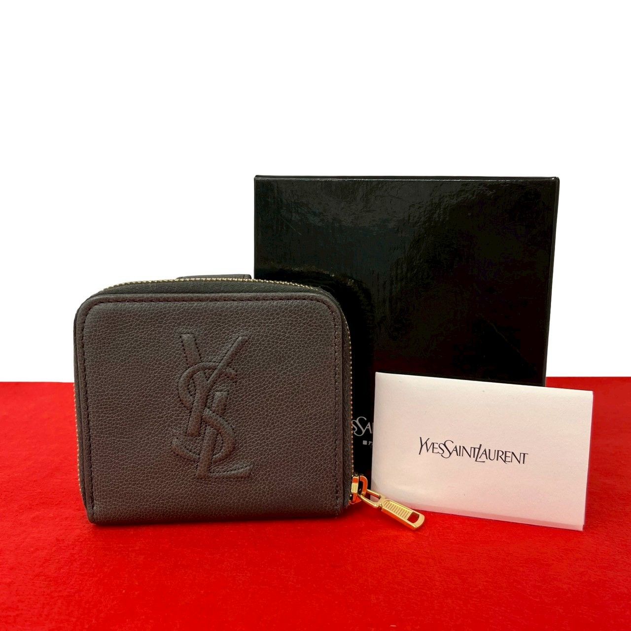 【未使用保管品】SAINT LAURENT 本革 二折り ミニ財布 付属品完備 極 美品 箱付き YVES SAINT LAURENT イヴ・サンローラン YSL ロゴ