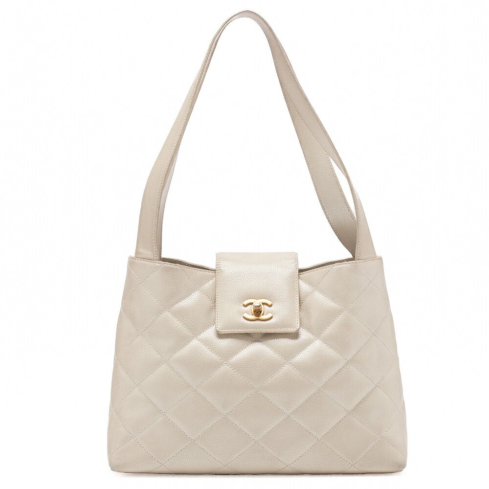 CHANEL シャネル 　トートバッグ 　マトラッセ 　ターンロック　ビコローレ　キャビアスキン アイボリー（ゴールド金具）レディース【中古】【送料無料】