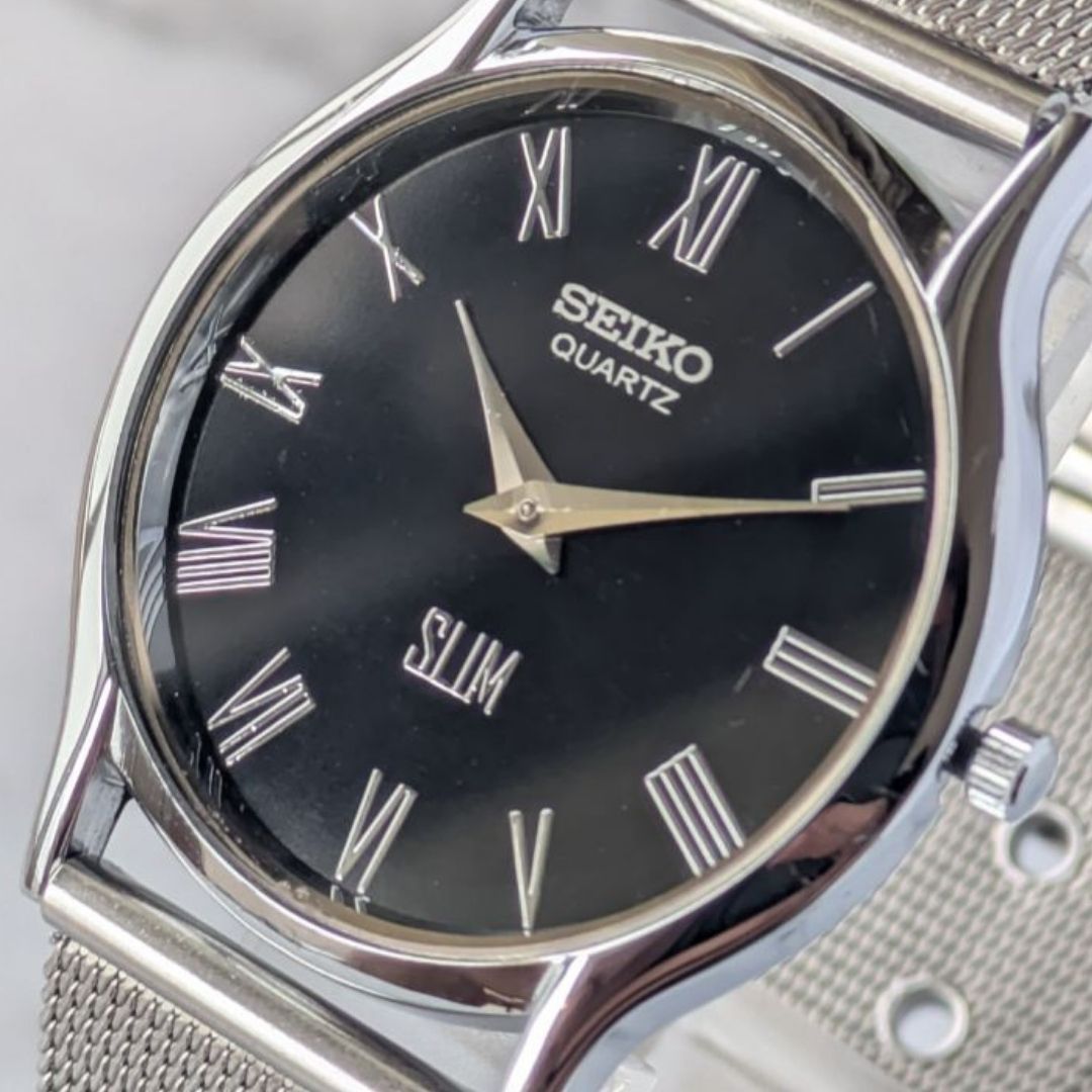 OH済 稼働品 SEIKO セイコー SLIM クォーツ 80s ヴィンテージ 黒文字盤 メッシュベルト