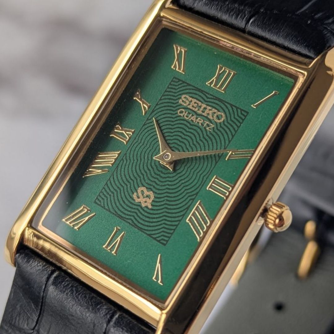 OH済 稼働品 SEIKO セイコー SQ クォーツ 80s ヴィンテージ 角型 深緑文字盤 レザーベルト