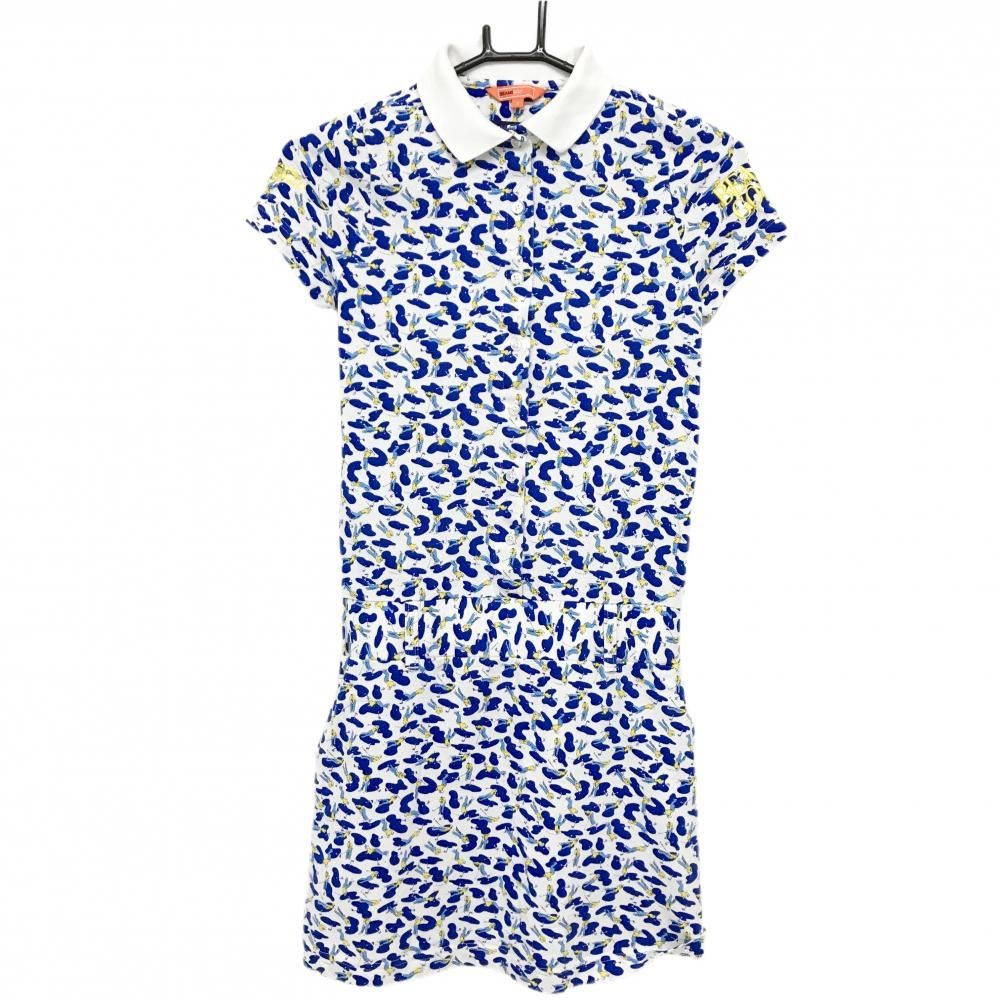 【超美品】ビームスゴルフ 半袖ポロワンピース 白×ブルー ゴルファー総柄 LIBERTY  レディース S ゴルフウェア BEAMS GOLF 超美品】ビームスゴルフ 半袖ポロワンピース 白×ブルー ゴルファー総柄