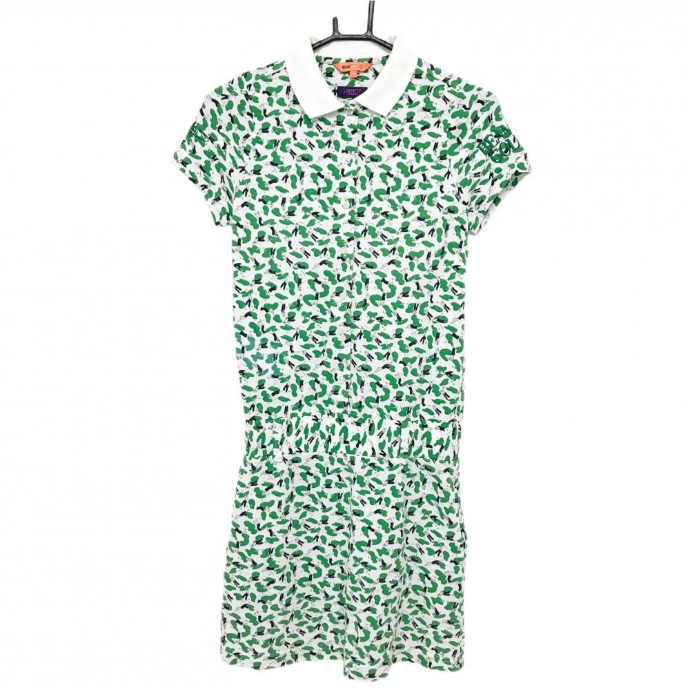 【美品】ビームスゴルフ 半袖ポロワンピース 白×グリーン ゴルファー総柄 LIBERTY レディース M ゴルフウェア BEAMS GOLF