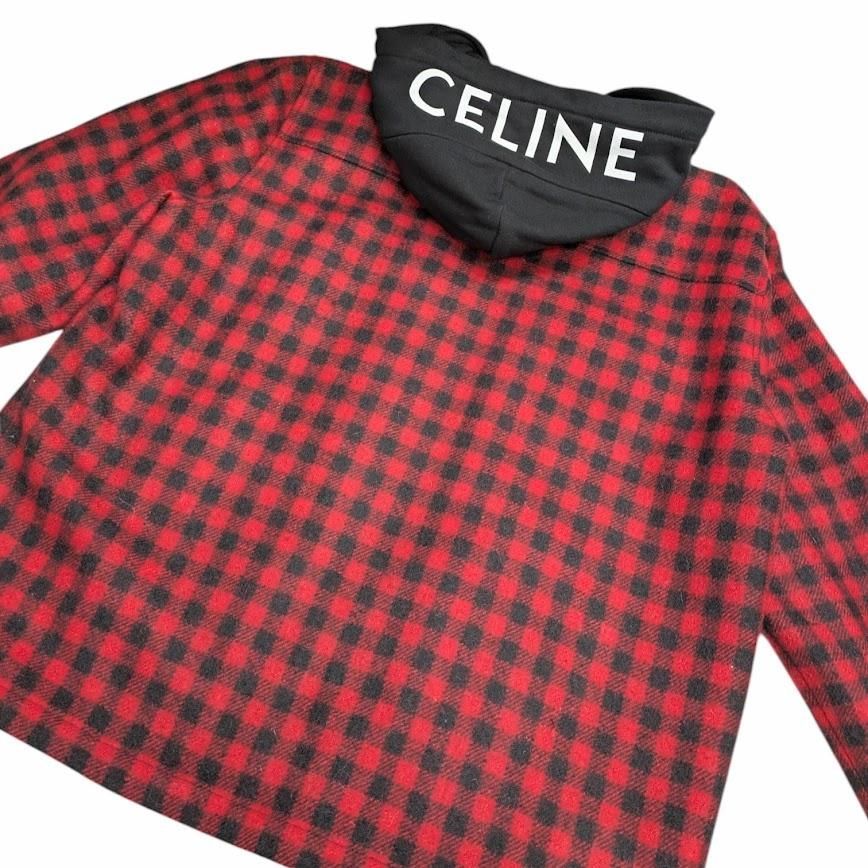 CELINE ウール ロゴフード付きチェックジャケット 2W68A055Z CELINE セリーヌ ブロックチェック 中綿CPOシャツフードジャケット