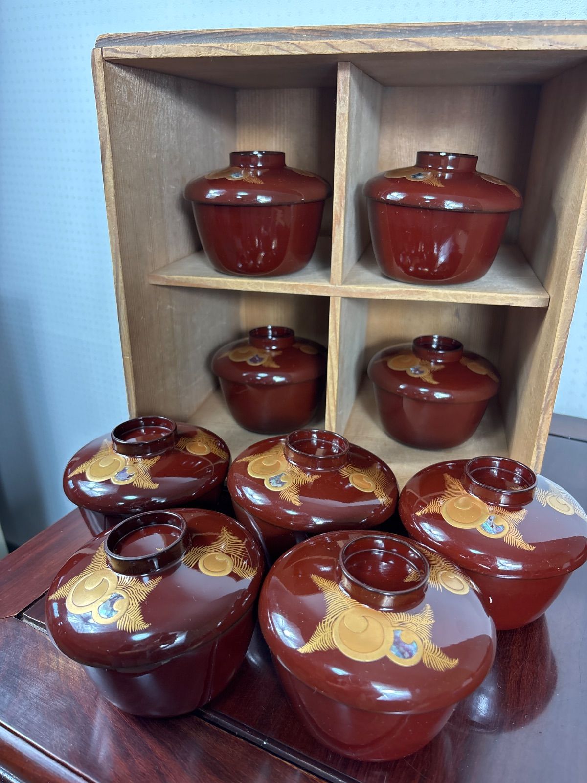 天然木 漆器 蒔絵 螺鈿 シダ文様 吸物椀 9客 木箱入 伝統工芸 骨董 天然木 漆器 蒔絵 螺鈿 シダ文様 吸物椀 9客 木箱入 伝統工芸 骨董