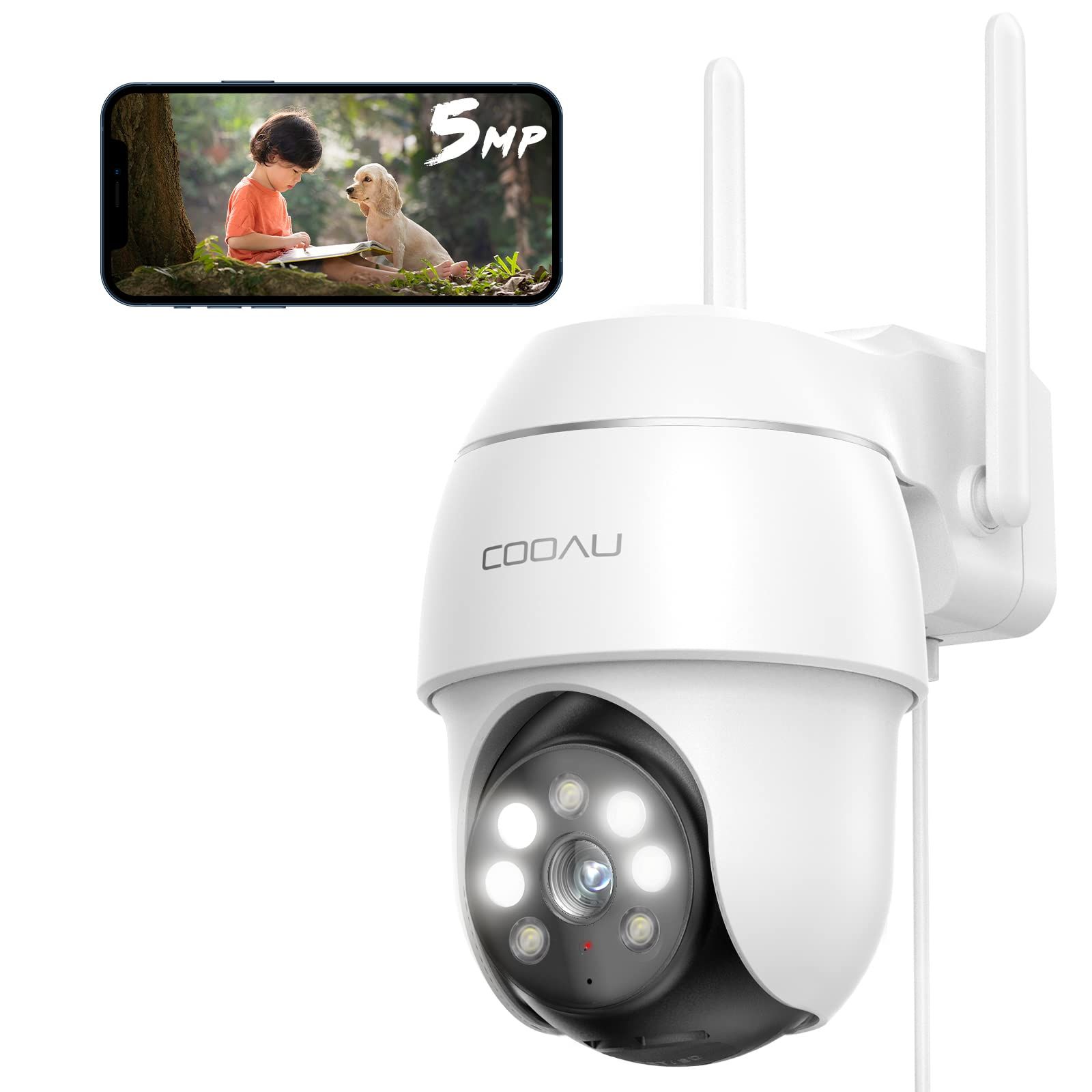 【500万高画素 ・遠距離も超精細】COOAU 防犯カメラ 屋外 ワイヤレス/wifi 5MP/1944P 遠距離暗視 5dBiアンテナ H.265動画圧縮 夜間カラー撮影 監視カメラ パン/チルト 360°広角撮影 常時録画 人体検知 検出エリア設定 発光威