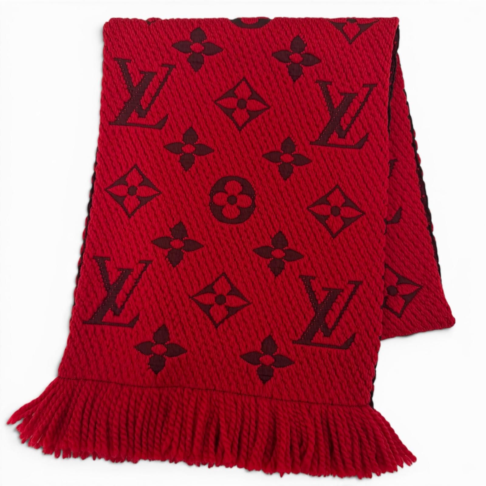 極美品☆LOUIS VUITTON ルイヴィトン M72432 エシャルプ・ロゴマニア ウール シルク ルビー マフラー イタリア製 正規品 レディース 箱付き