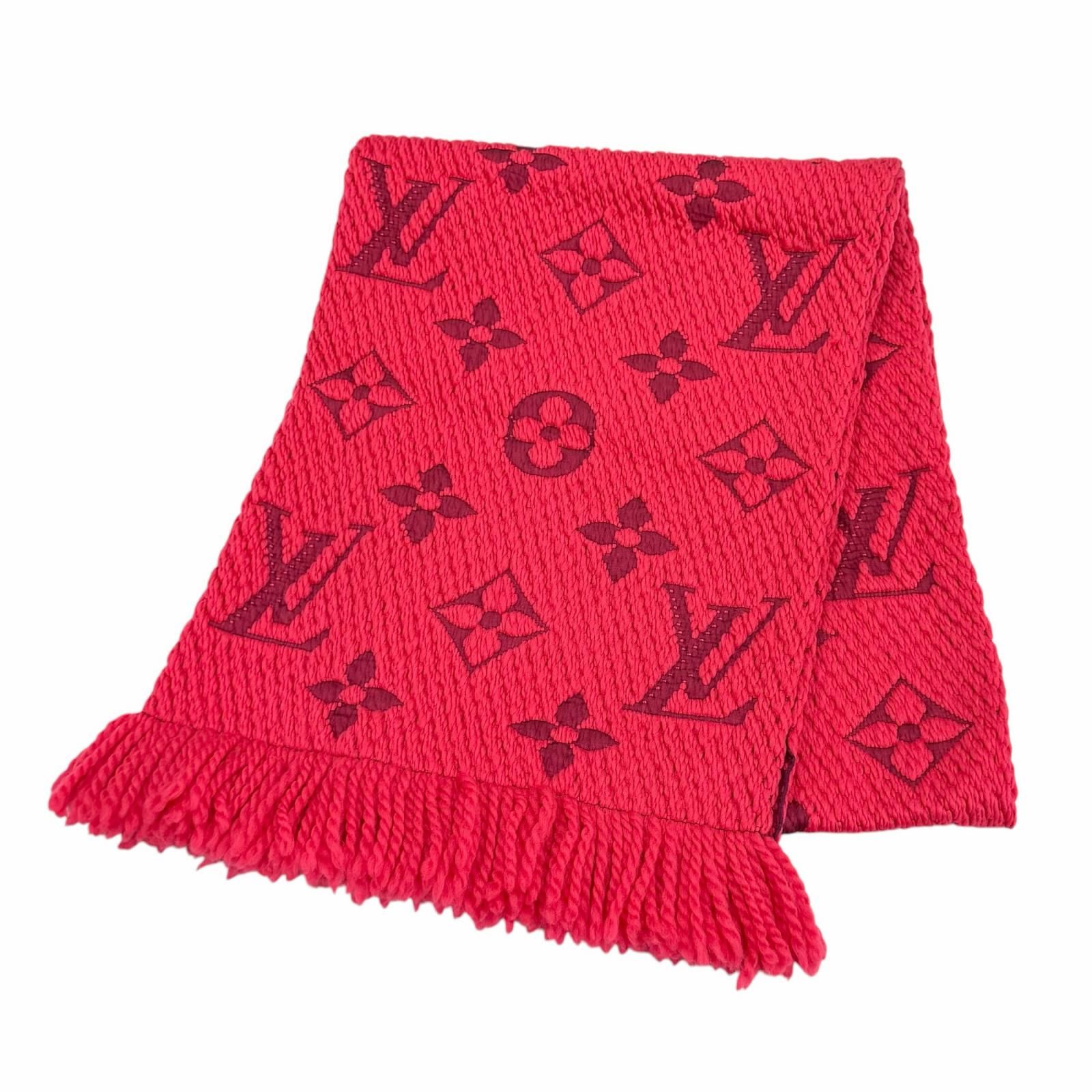 美品★LOUIS VUITTON ルイヴィトン M78769 エシャルプ ロゴマニア ウール シルク混 フューシャピンク フリンジ付 マフラー イタリア製 正規品 レディース