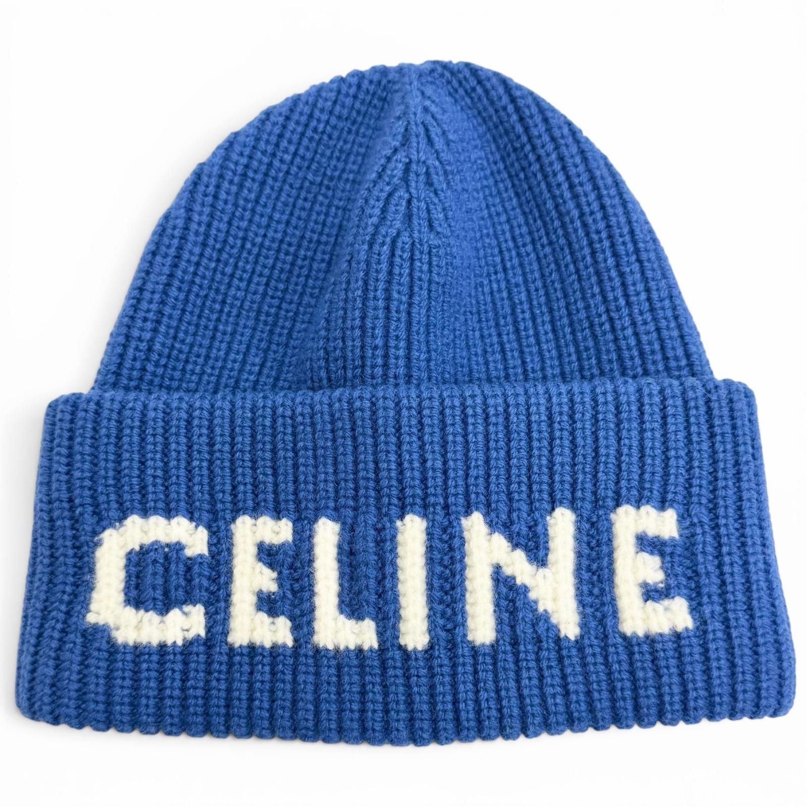 極美品△CELINE セリーヌ AA0H92I93 ウール カシミヤ ロゴ リブ ニットキャップ ビーニー ニット帽 ブルー ホワイト イタリア製 正規品 レディース