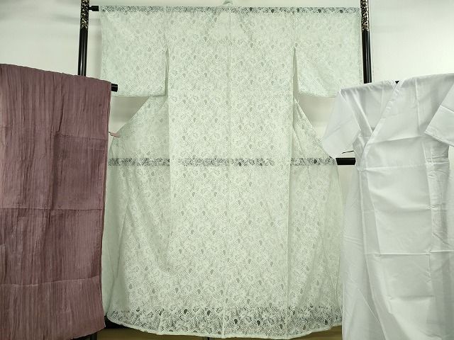 平和屋着物∴極上 夏物 浴衣・小紋兼用 肌襦袢・兵児帯(濃色)3点セット レース 花唐草文 スカイグリーン色 逸品 新品 DZAB10611kh6