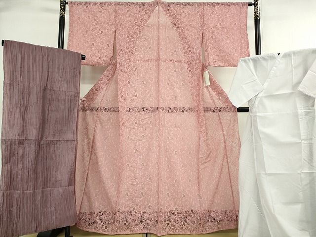平和屋着物∴極上 夏物 浴衣・小紋兼用 肌襦袢・兵児帯(濃色)3点セット レース 花唐草文 オールドローズ色 逸品 新品 DZAB10612kh6