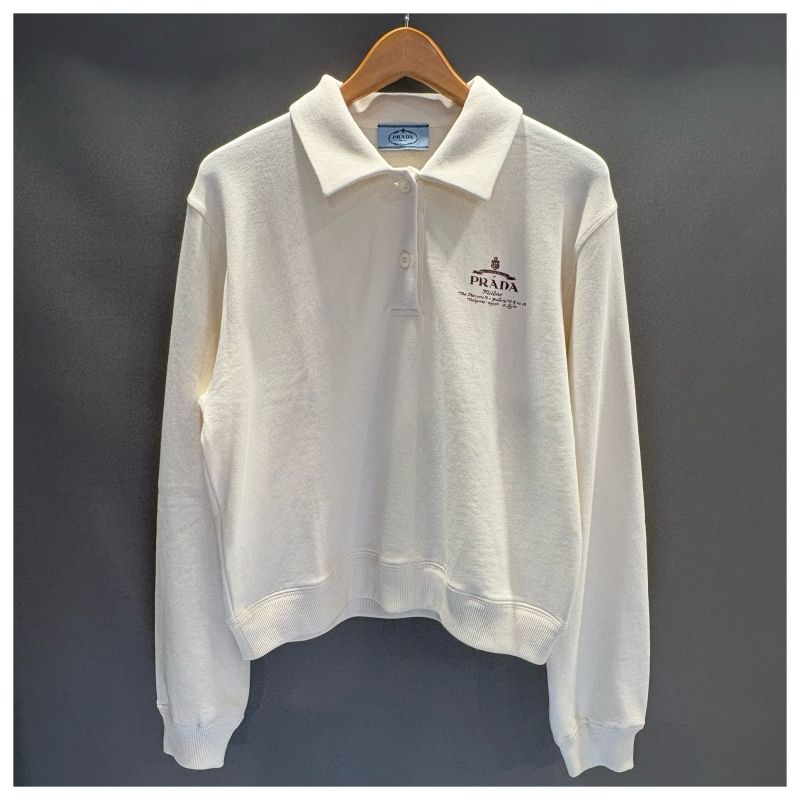 【極美品】PRADA プラダ コットンフリース ポロシャツ 長袖 アイボリー　M