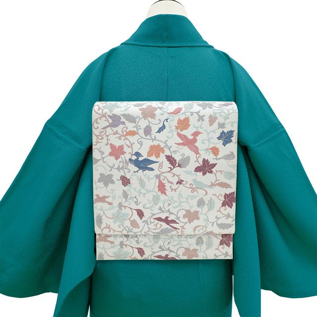 新古品】 本袋帯 西陣 川島織物 金糸 正絹 くすみ藍白色 ぶどう小禽