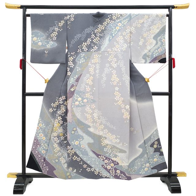 中古】 訪問着 着物 正絹 袷 金駒刺繍 金彩加工 絞り くすみ系 灰紫
