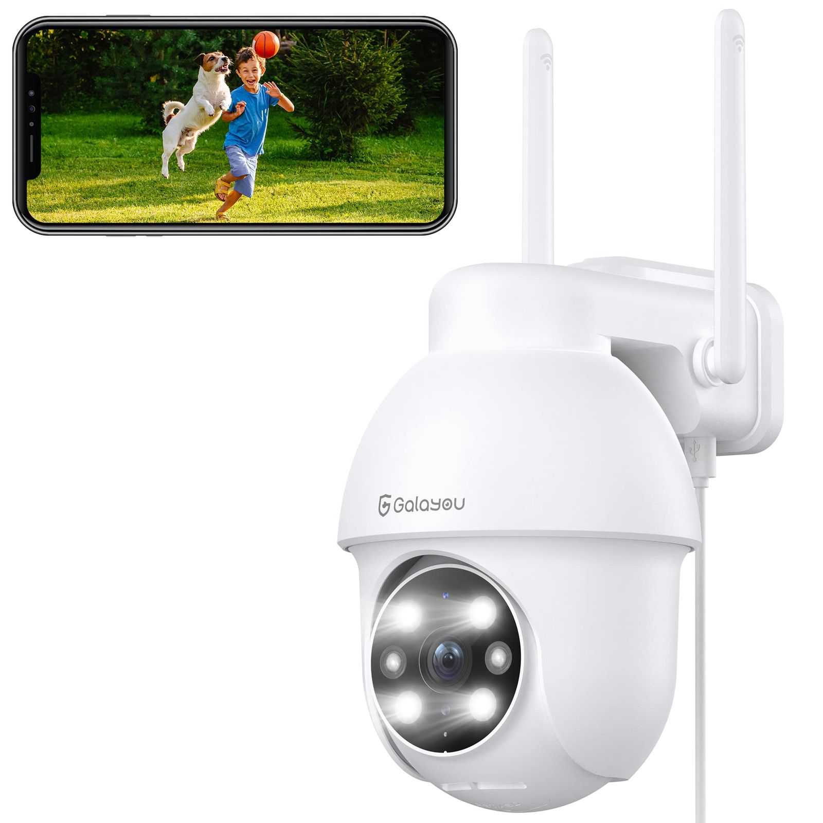 Galayou Y4 2K/3MP屋外防犯カメラ:常時録画ネットワークカメラ、カラー暗視、IP65防水監視カメラ、2.4Gwifiワイヤレス接続、 動体検知、声光警報、センサーライト搭載、発光LED、遠隔操作、双方向音声、PTZパンチルト、家族共有、Alexa