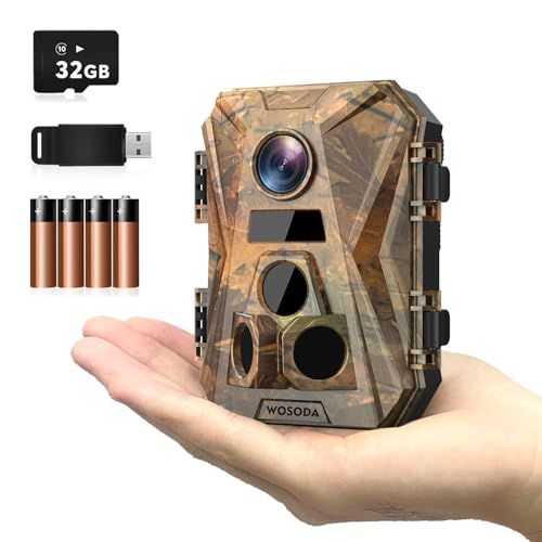 WOSODA トレイルカメラ 屋外 不可視赤外線 4K 赤外線カメラ 小型 屋外 3600万画素 IP66級防水防塵 32GBメモリーカードと電池付き 0.2s超高速トリガースピード 120°超広検知範囲 内蔵マイク 電池式防犯 人感センサーカメラ 動体検知