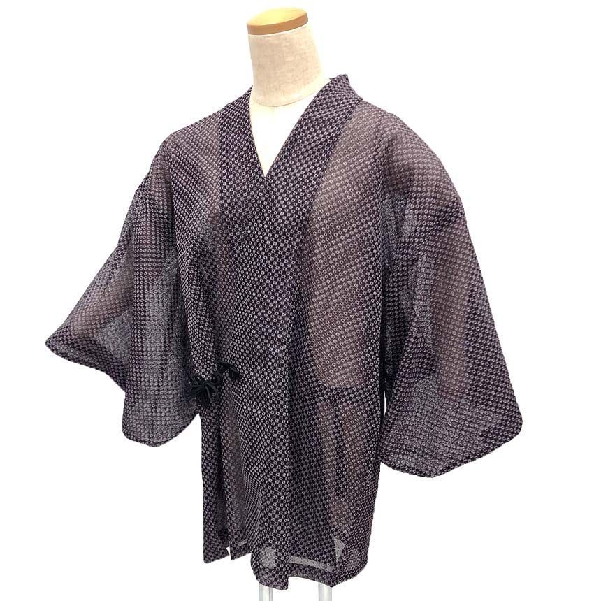 京やM473 洗える着物用レースコート 夏の和装コート 道中着衿 羅織 二人静色 パープル 幾何学文様 薄羽織り 夏羽織 塵除け 和装コート レースコート 夏用着物コート 袷単衣夏着物兼用 スリーシーズンOK 日本製 仕立て上がり 美品 羽織 道行 道中着