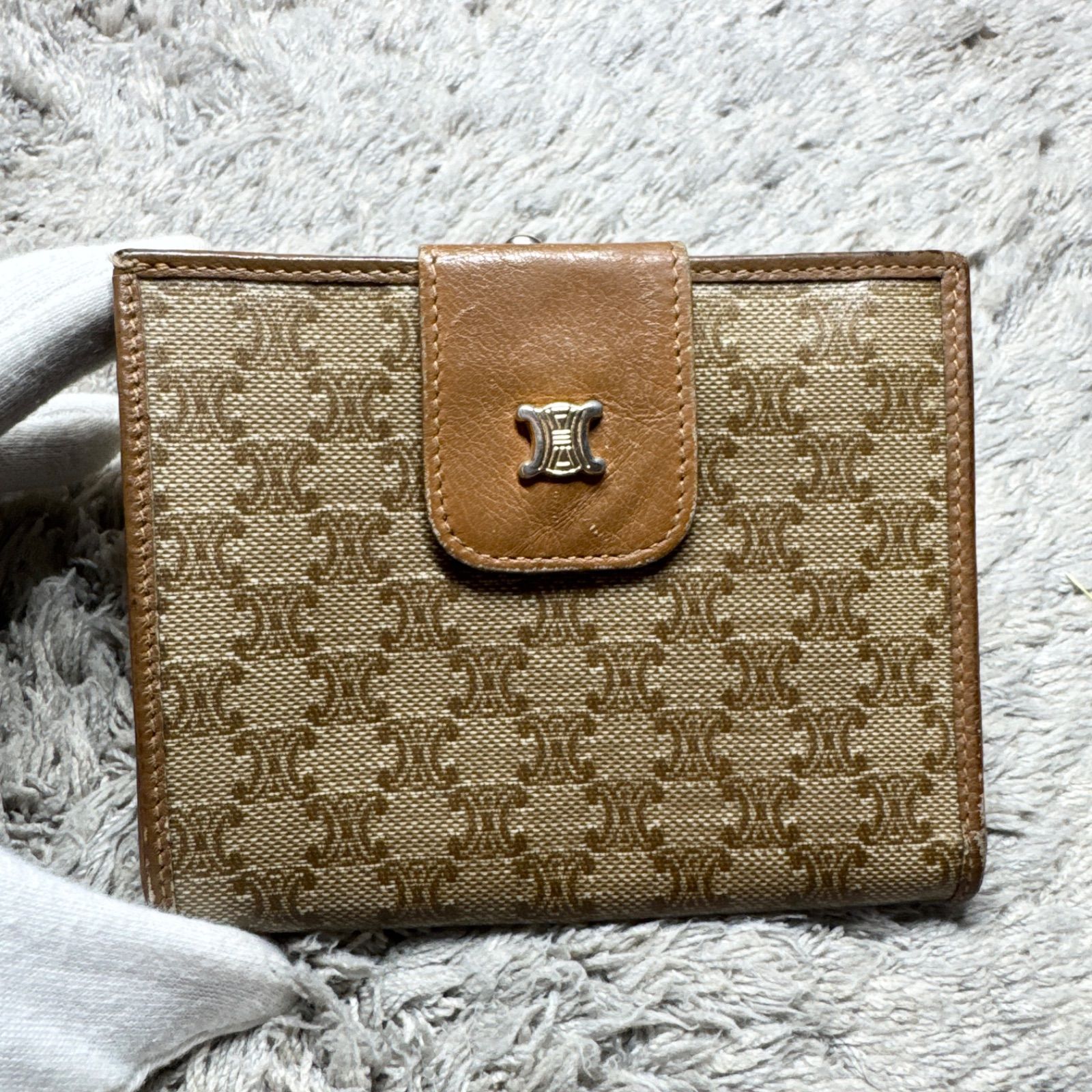 CELINE マカダム柄 ロゴプレート がま口 財布 ビンテージ CELINE セリーヌ 二つ折り財布 ヴィンテージ マカダム柄 がま口 レザー