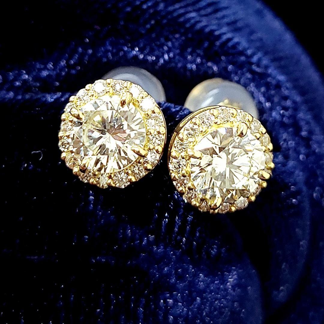 計1.27ct 大粒 ダイヤモンド K18 YG ヘイロー ピアス 取り巻き - メルカリ