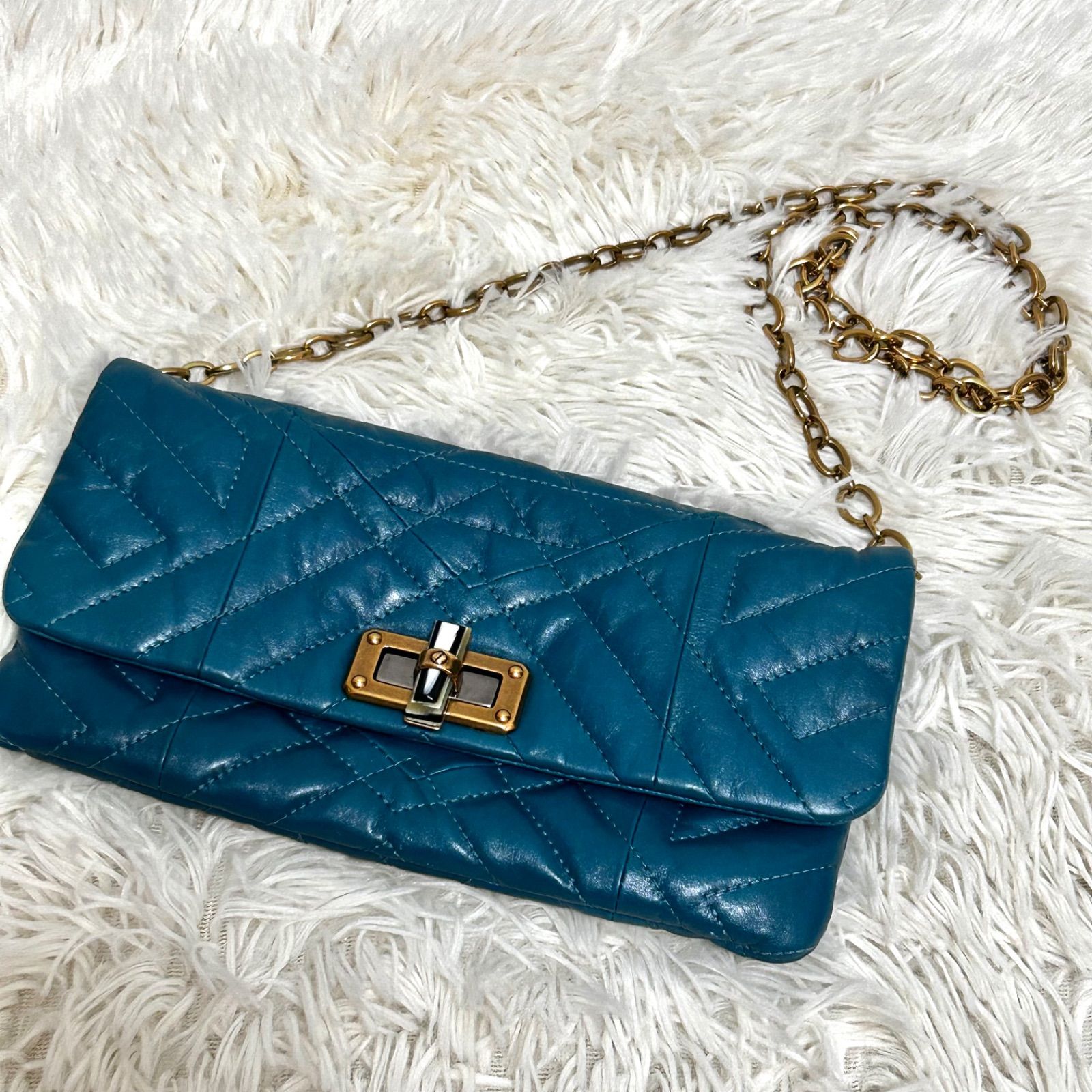 ランバン　LANVIN キルティング　チェーン　ショルダーバッグ　ターコイズブルー　内部総柄