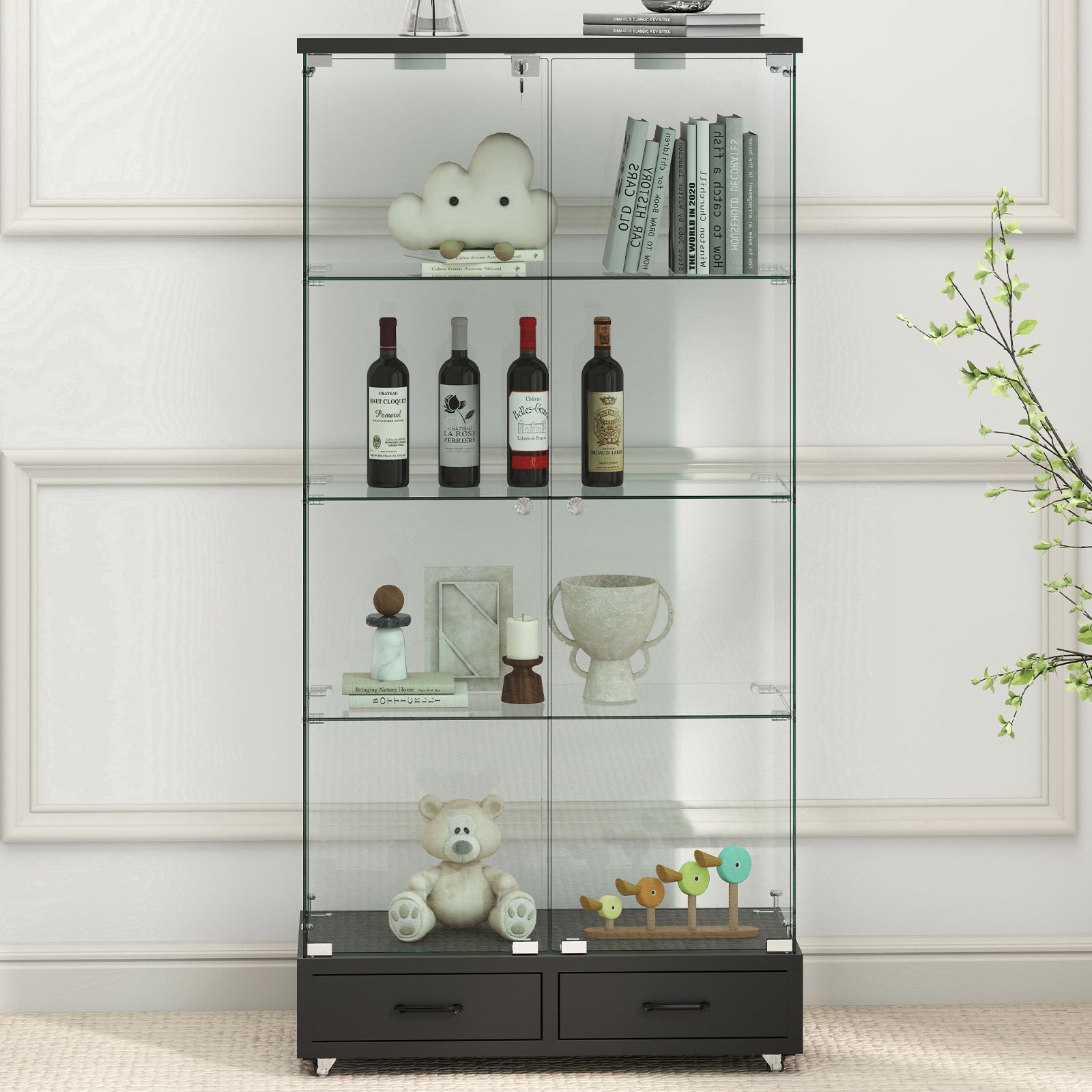 【2000円OFF】LED照明付き コレクションケース 鍵付き ガラスキャビネット 強化ガラス フィギュアケース 展示ケース ディスプレイラック 大容量収納 ブラック【タイプB】