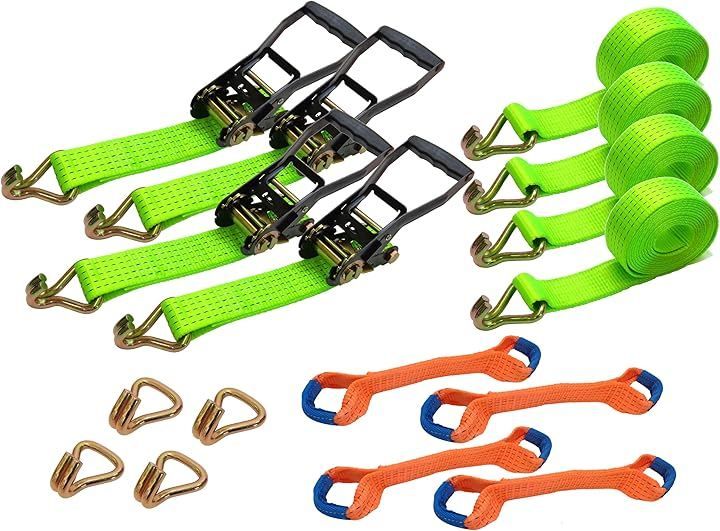 PeroTools ラチェットバックル式 ラッシングベルト Jフック 4個セット タイヤ固縛 2.5トン 黒 車 固定 締め付け (ライムグリーンｘオレンジ, ストラップベルト　長さ：3M　幅：50mm(2インチ))