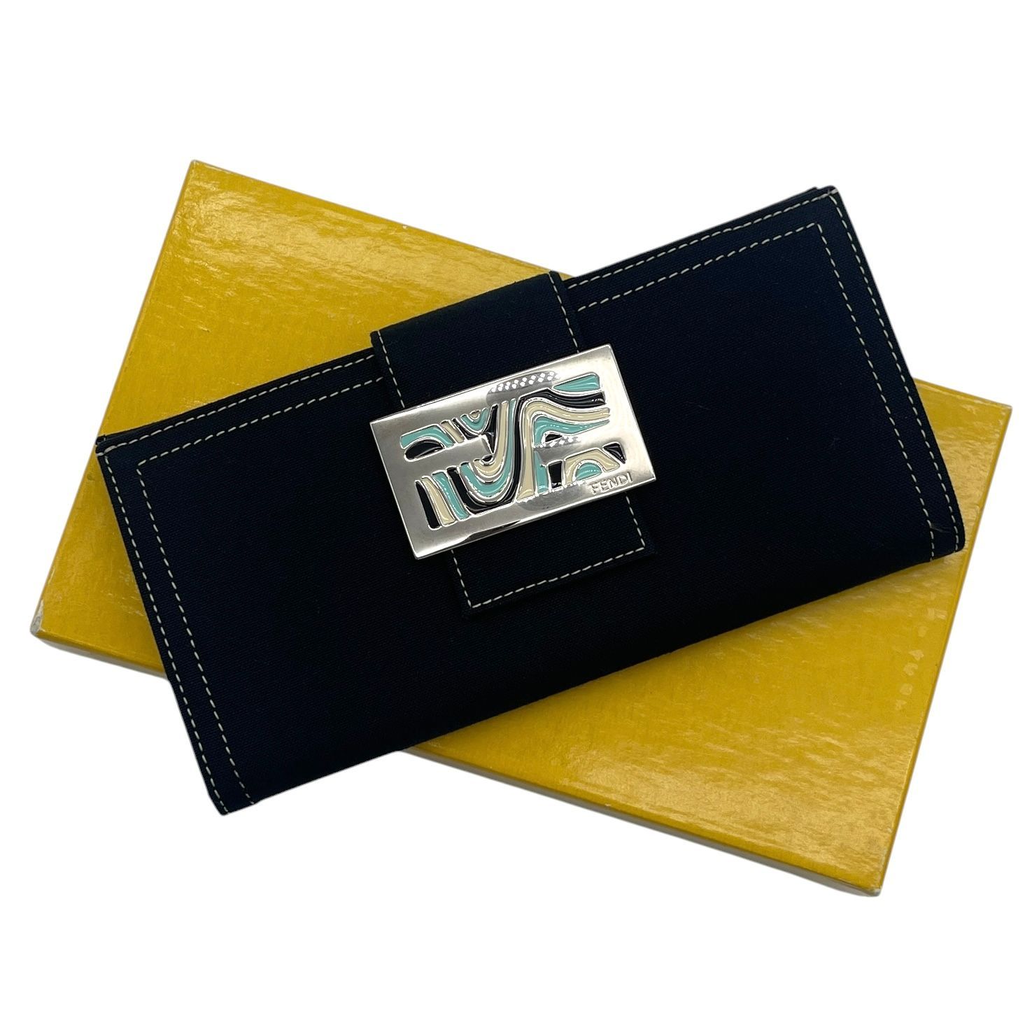 極美品 FENDI フェンディ キャンバス長財布 2つ折り FFロゴ 刻印 ヴィンテージ 小物 シルバーロゴバックル ネイビー イタリア製 箱付き