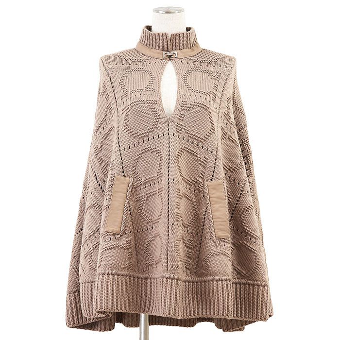 SALE【美品】Salvatore Ferragamo サルヴァトーレフェラガモ ケープ ニット x レザー サイズ M レディース ロゴ ガンチーニ プルオーバー ウール100% トップス ベージュ イタリア製