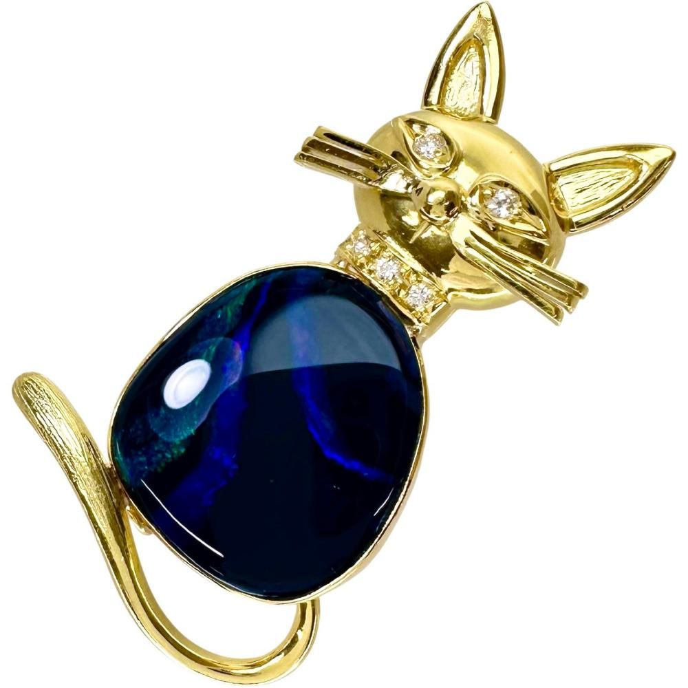ネコ/猫 ブラックオパール 3.52ct ダイヤモンド 0.06ct ブローチ K18ゴールド 18金 9.3g レディース 【中古】【真子質店】【NN】