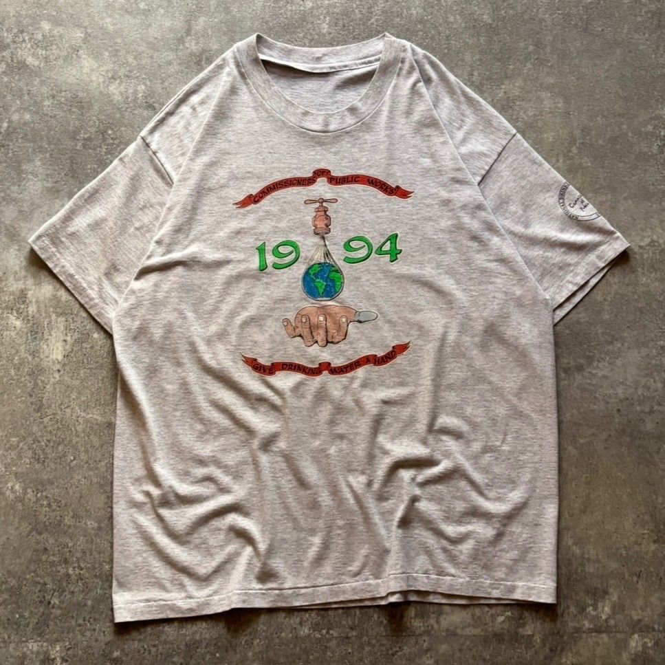 90年代 90s NATIONAL DRINKING WATER WEEK 1994 水道局 地球 ハンドサイン Tシャツ グレー