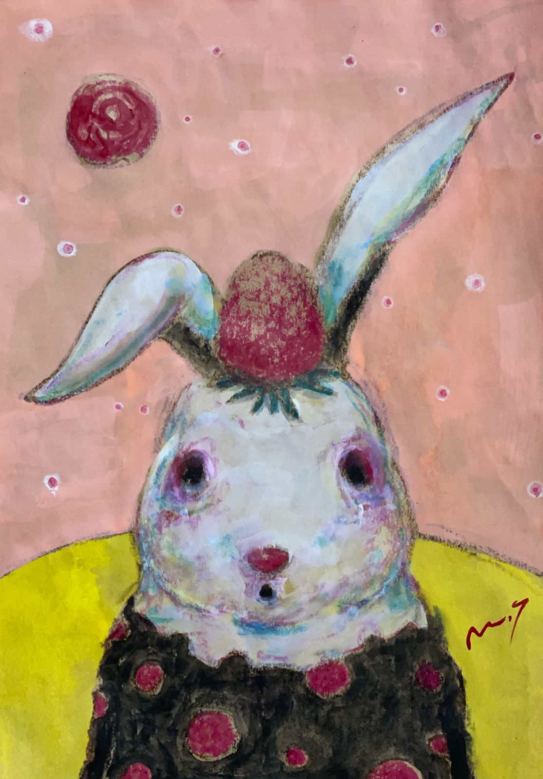 高野マナブ 原画｜[ウサギとイチゴ、ピンクの空に紅い星] Drawing A4 アクリル 一点物 Manabu Takano 髙野學 Moon Sun Rabbit 月と太陽とウサギ Louvre Uffizi Japan 台湾 現代美術家