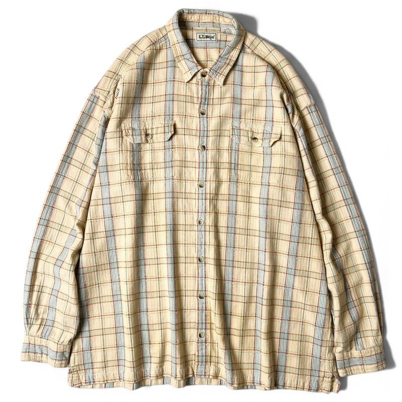 90s インド綿 LLBean 織り チェック 長袖 コットン シャツ XXL / 90年代 インド製 オールド エルエルビーン LLビーン マルチカラー ボックス