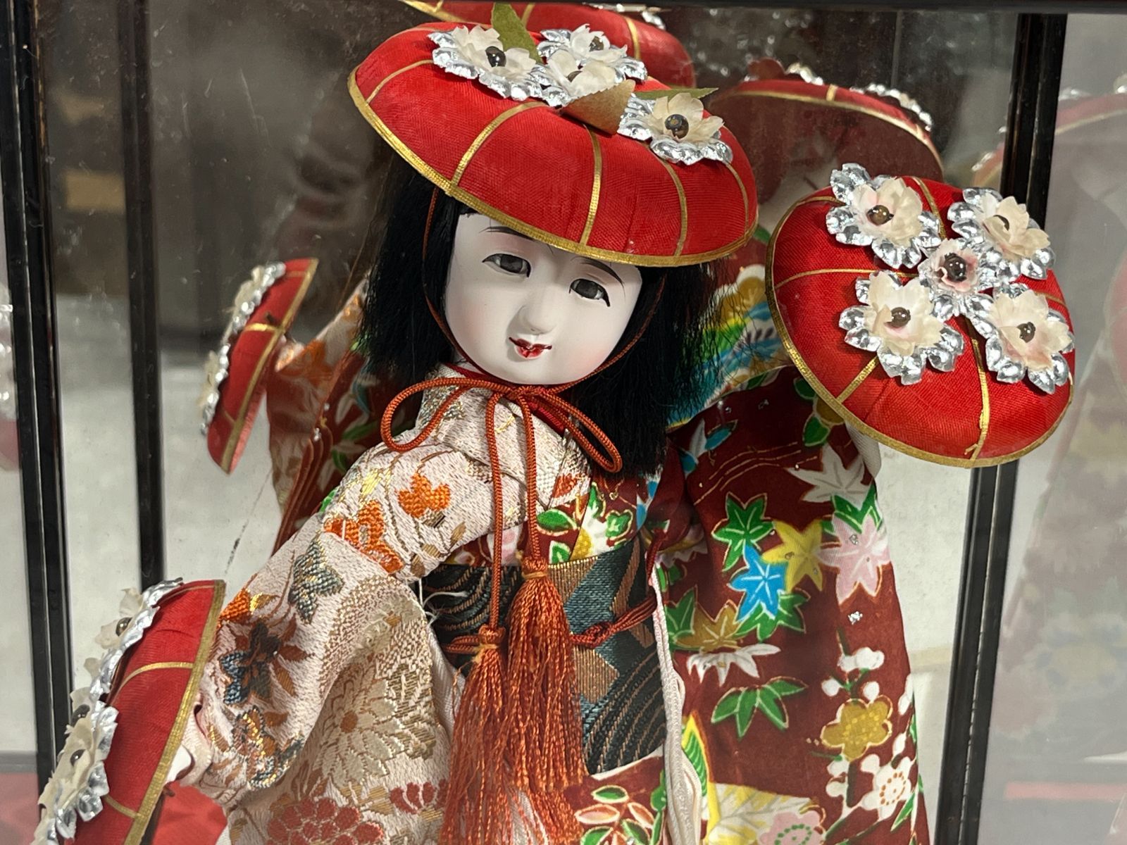 日本人形 花笠 ガラスケース入り 人形 工芸品 工芸 伝統 日本 和