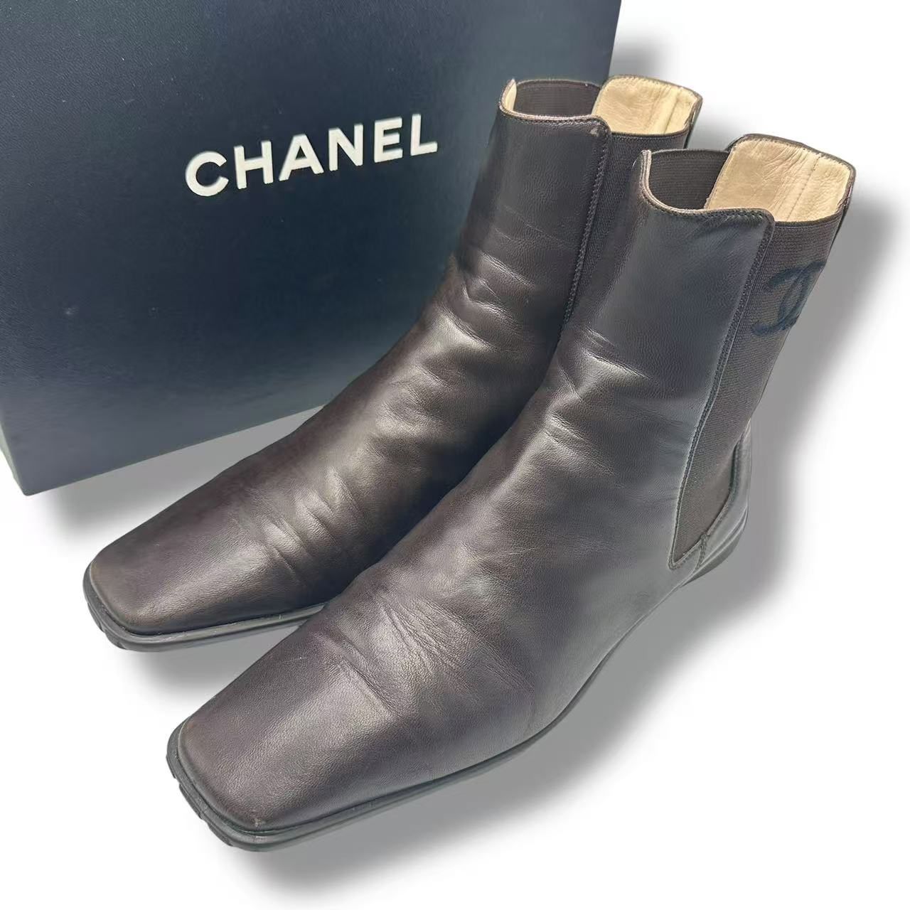 極美品 CHANEL シャネル ショートブーツ レザー ココマーク ブラウン 