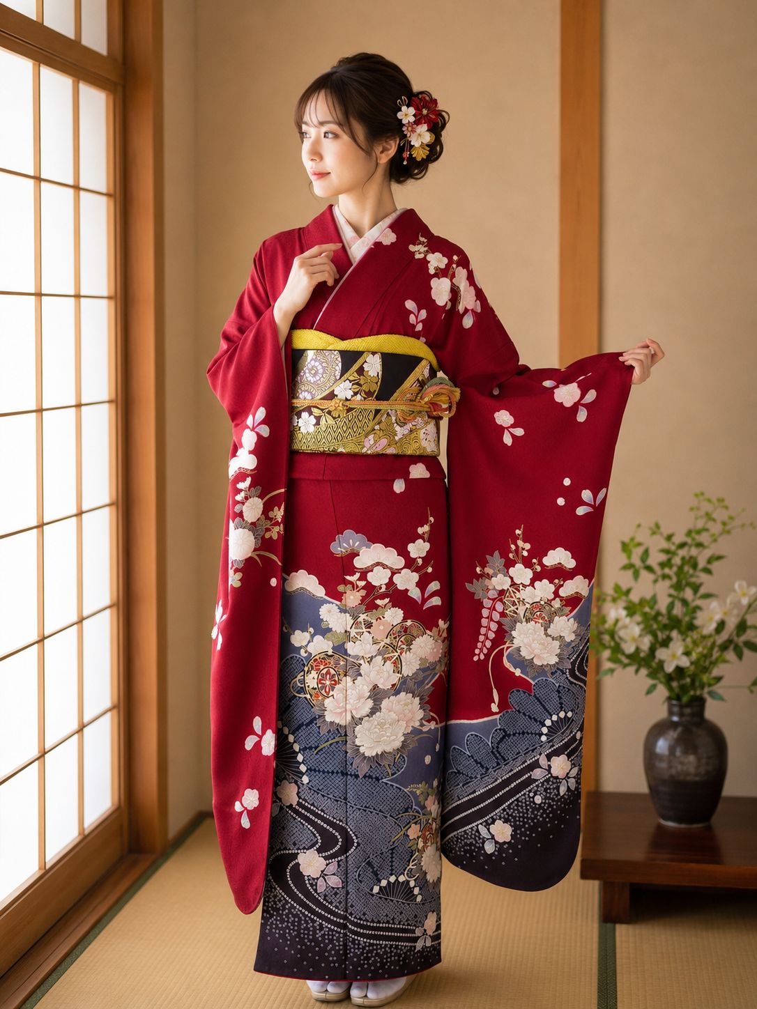 花鼓に映る水面の雅 やまと誂え 縮緬 振袖 長襦袢セット 正絹 ガード 